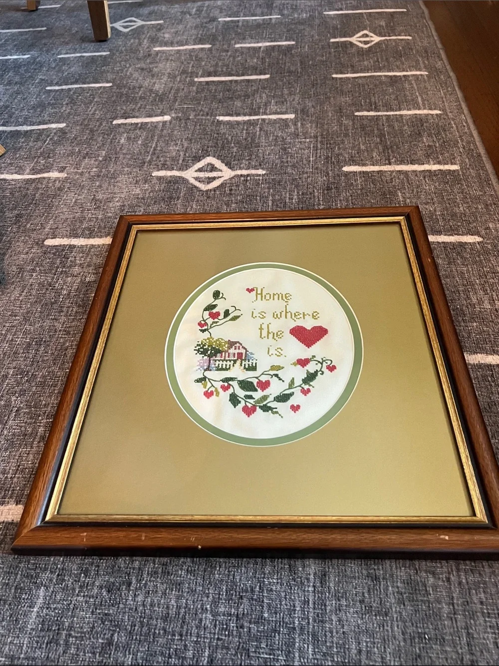 Framed Vintage Cross Stitched Home is Where the Heart Is Wall Art - Gold Brown